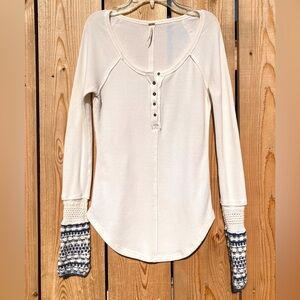 Free People White Waffle Knit Long Sleeve Fitted Boho Thermal Henley Layer Top